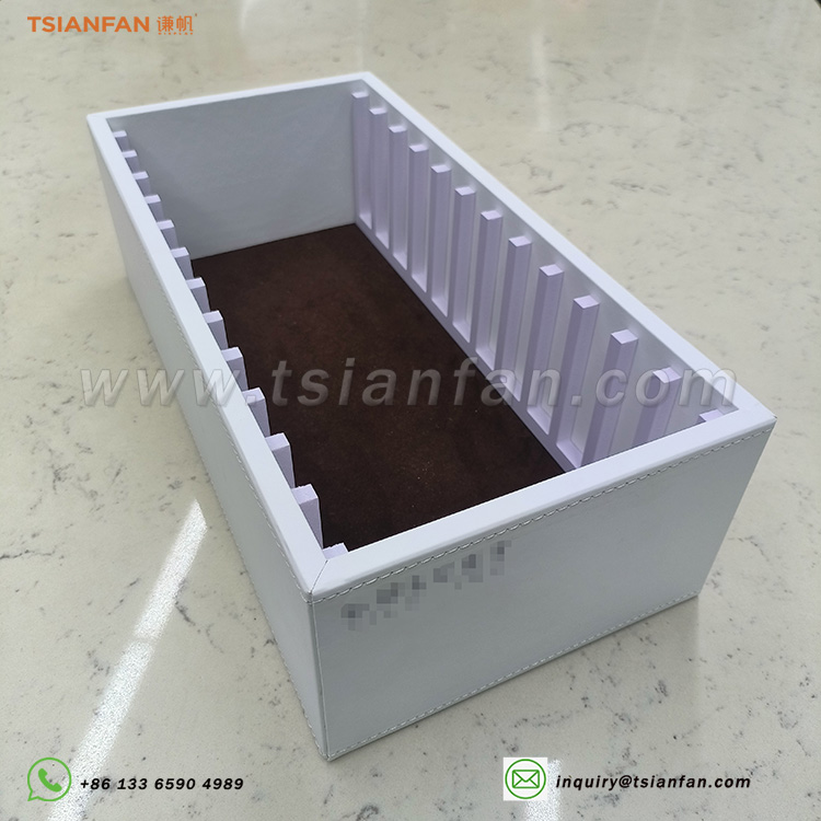 White leather box engineered stone display tabletop installation-free display idea